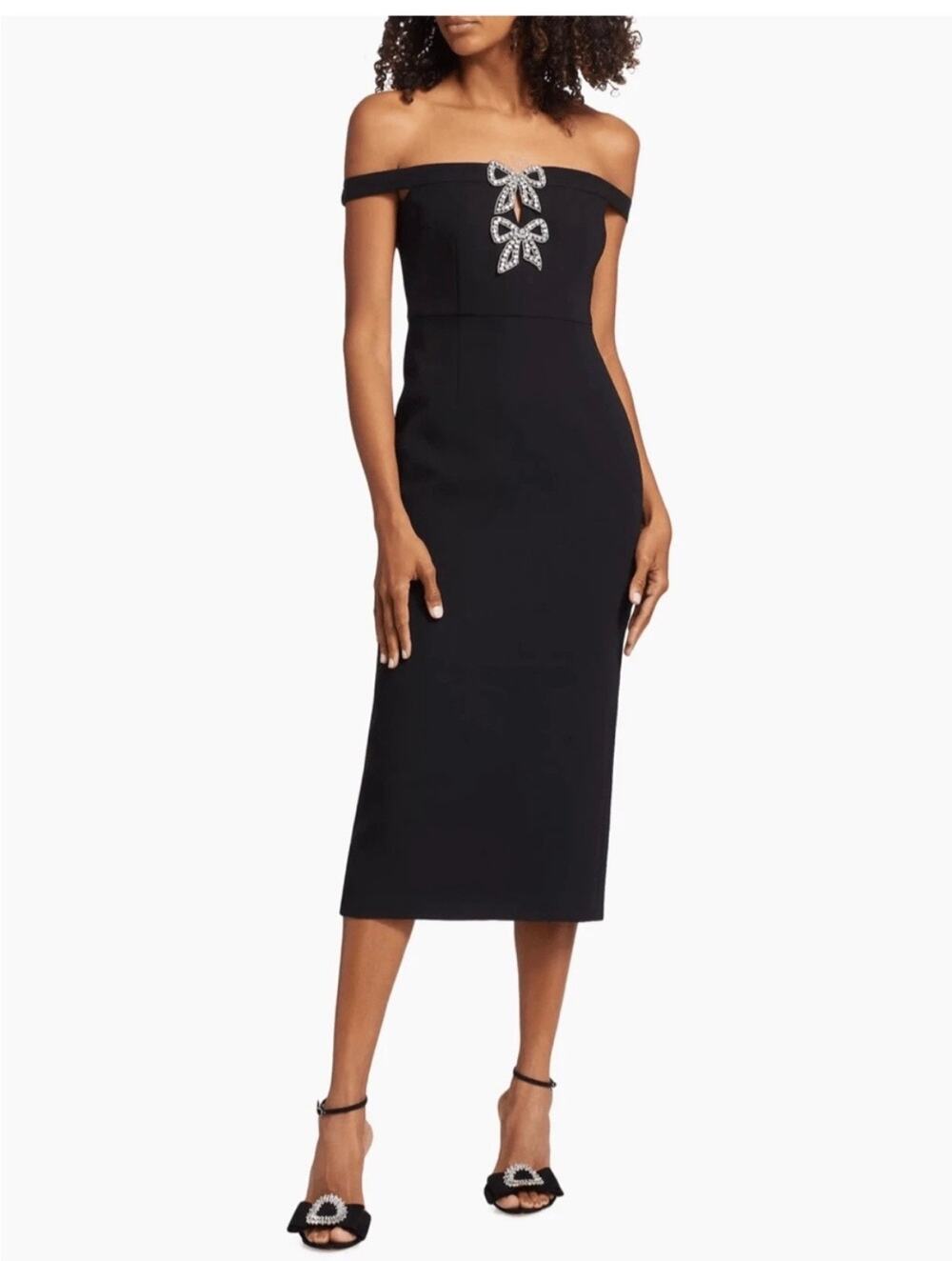 Self-Portrait Diamante Bow Crepe Off-the-Shoulder Cocktail Midi Dress Size 2